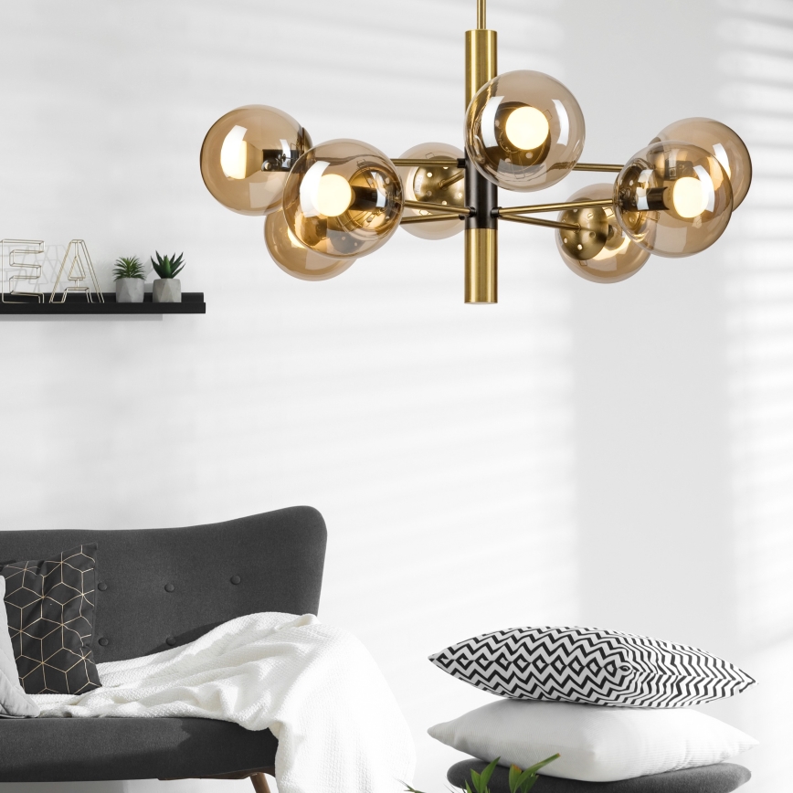Deckenleuchte an Stange ROLLO 8xE14/5W/230V golden/rauchig beige