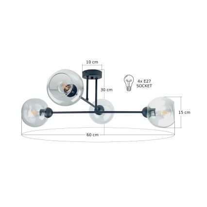 Deckenleuchte an Stange VASCO 4xE27/60W/230V schwarz/klar