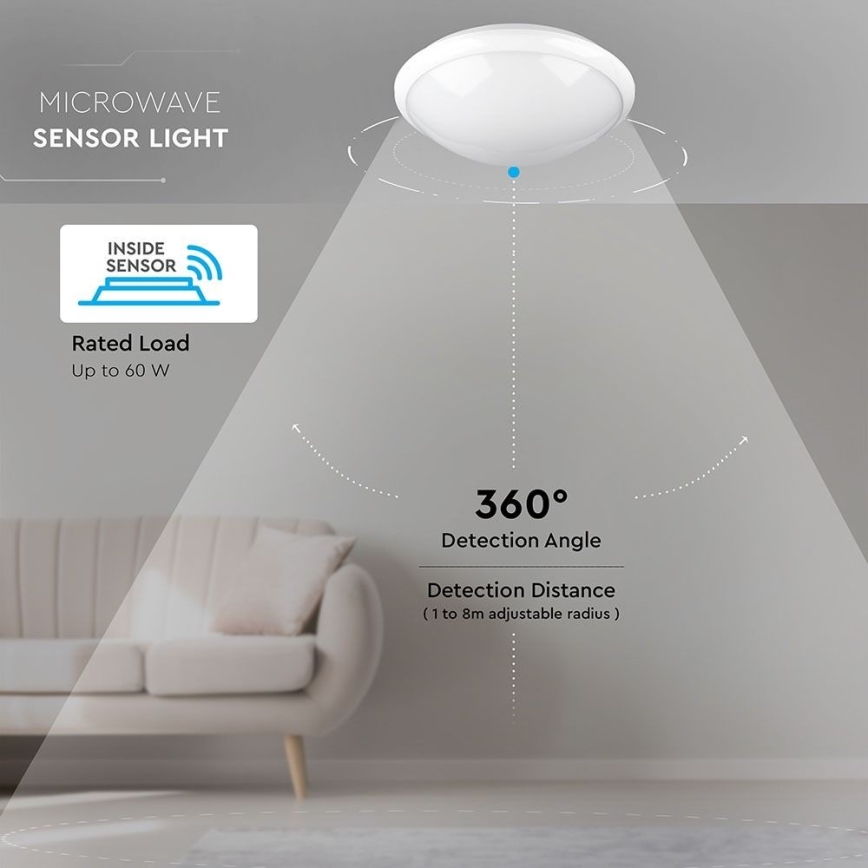 Deckenleuchte für Badezimmer mit Sensor 1xE27/60W/230V IP44 ø 29,6 cm