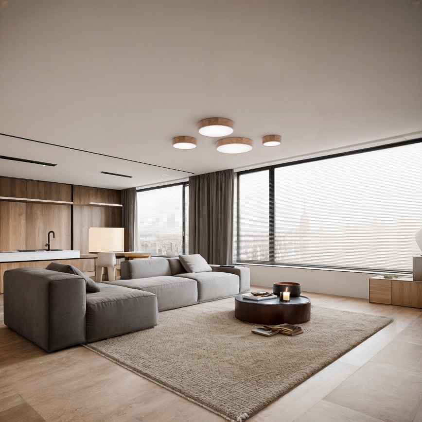 Deckenleuchte mit Bewegungs- und Dämmerungssensor CLEO 2xE27/24W/230V, Durchmesser 27,5 cm, Eiche