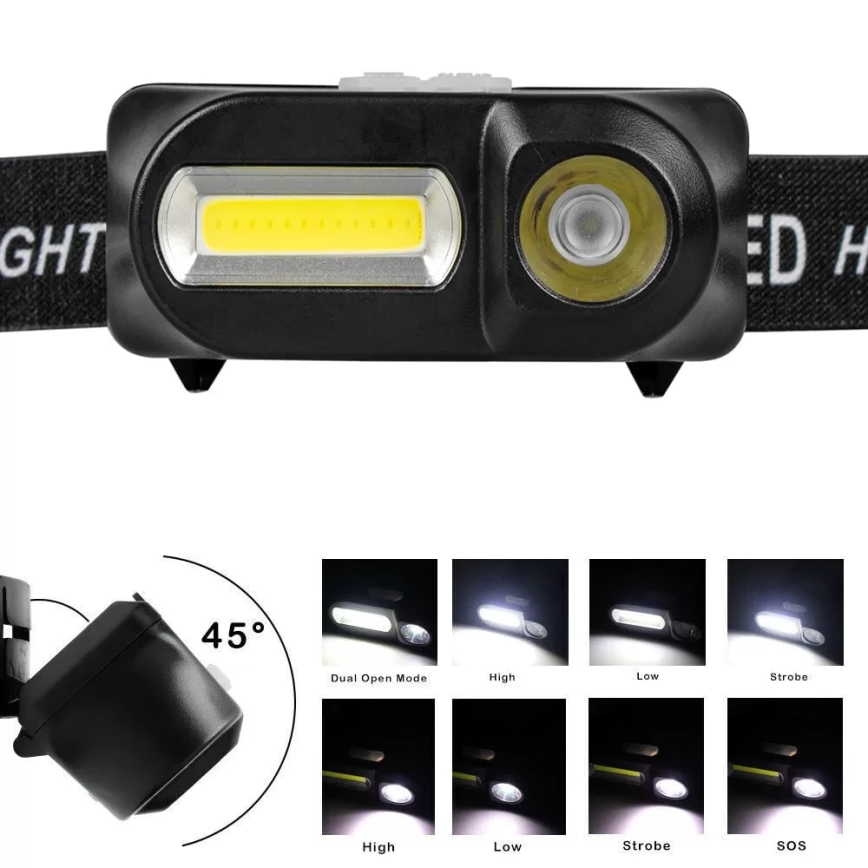 Dimmbare, aufladbare LED-Stirnlampe 2xLED/5V IP44 210 glänzend 2000 mAh