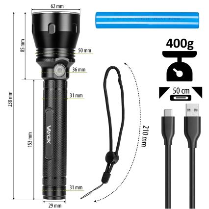 Dimmbare, aufladbare LED-Taschenlampe LED/20W/5V IPX5 1570 glänzend 8400 mAh