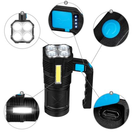 Dimmbare, aufladbare LED-Taschenlampe LED/5V IPX4 250 glänzend 1200 mAh