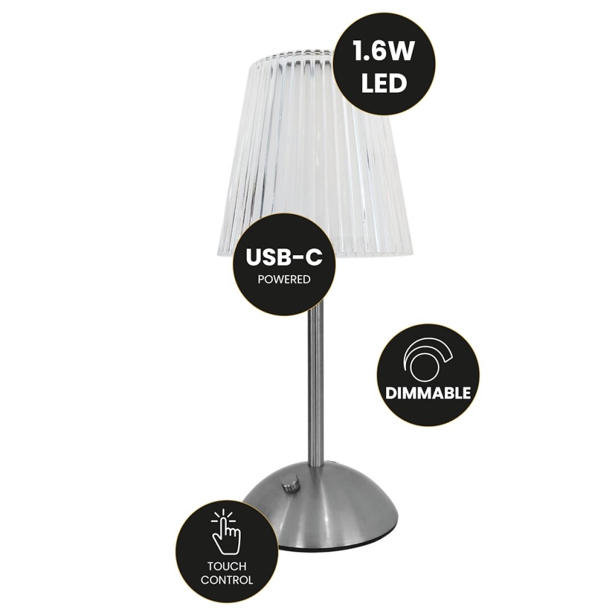 Dimmbare, aufladbare LED-Tischleuchte mit Touch-Funktion ELBA LED/1,6W/800 mAh matt Chrom/klar