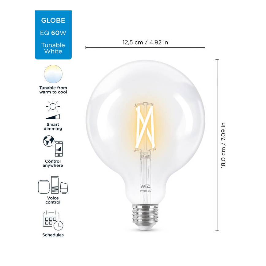 Dimmbare LED Glühbirne FILAMENT G125 E27/7W/230V 2700-6500K CRI 90 Wi-Fi - WiZ