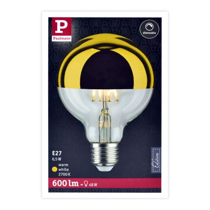 Dimmbare LED-Glühbirne mit spiegelnder, sphärischer Abdeckung GLOBE G95 E27/6,5W/230V 2700K golden – Paulmann 28675