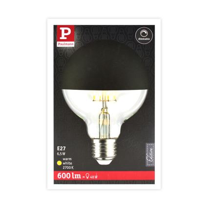 Dimmbare LED-Glühbirne mit spiegelnder, sphärischer Abdeckung GLOBE G95 E27/6,5W/230V 2700K schwarz – Paulmann 28676