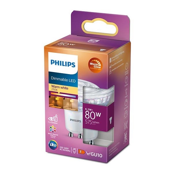 Dimmbare LED-Glühbirne Philips Warmer Schein GU10/6,2W/230V 2200-2700K CRI 90