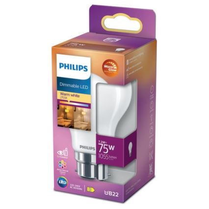 Dimmbare LED-Glühlampe Philips Warm Glow A60 B22/7,2W/230V 2200-2700K CRI 90