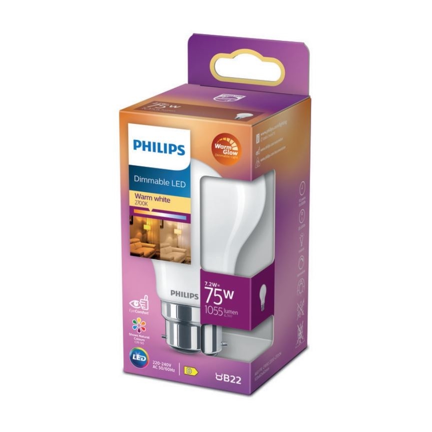 Dimmbare LED-Glühlampe Philips Warm Glow A60 B22/7,2W/230V 2200-2700K CRI 90