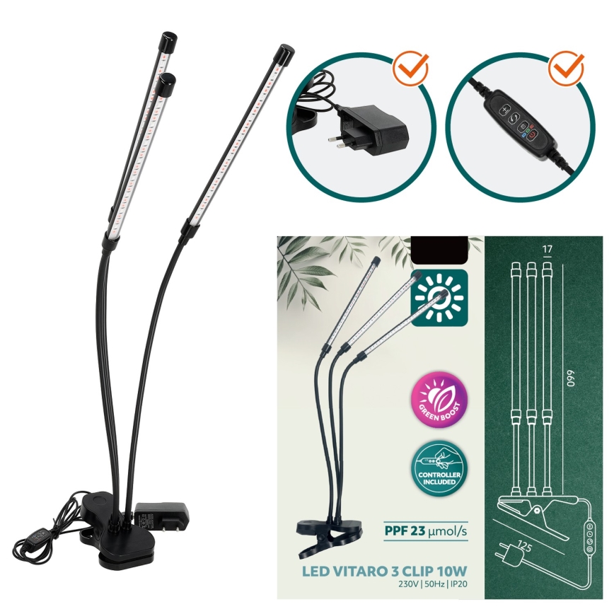 Dimmbare flexible LED-Tischleuchte mit Klemme für die Pflanzenzucht VITARO 3xLED/10W/230V schwarz