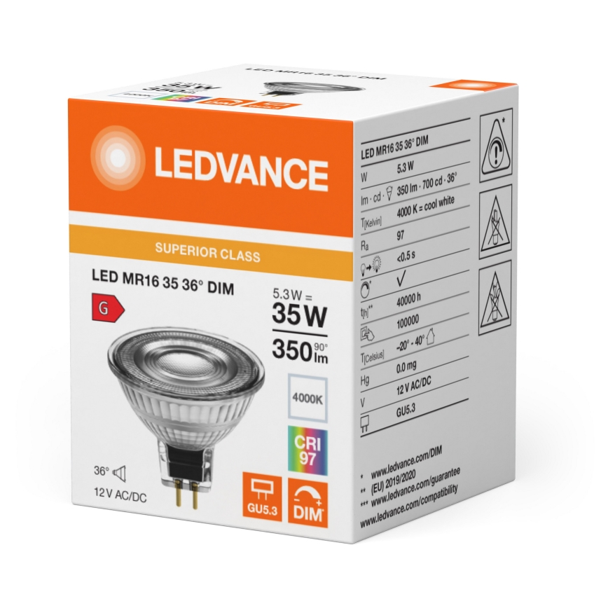 LED-dimmbare Reflektorlampe MR16 GU5,3/5,3W/12V 4000K 36° CRI 97 - Ledvance