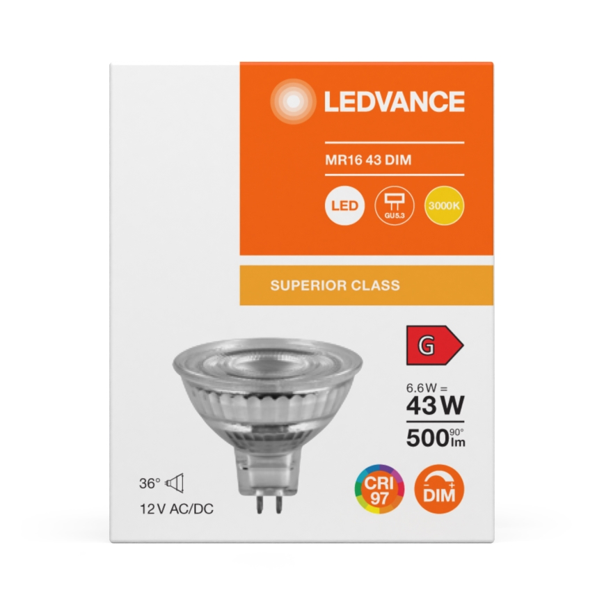 Dimmbare LED-Reflektorlampe MR16 GU5,3/6,6W/12V 3000K 36° CRI 97 - Ledvance