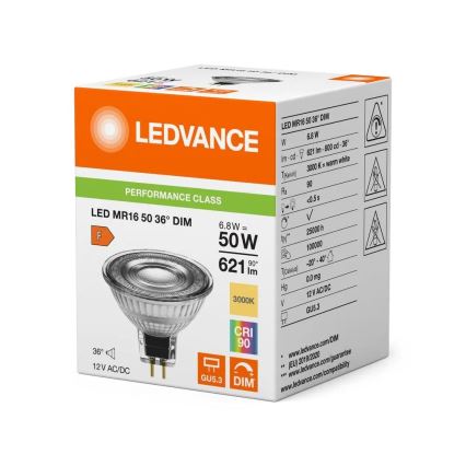 Dimmbare LED-Reflektorlampe MR16 GU5,3/6,8W/12V 3000K 36° CRI 90 - Ledvance