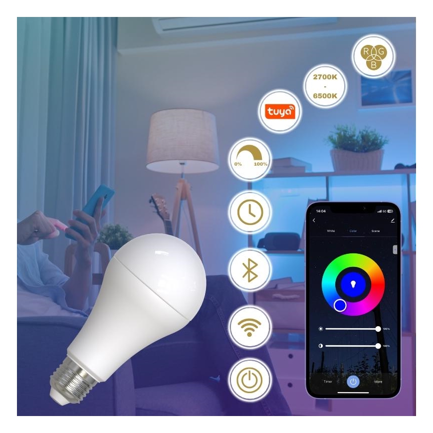 Dimmbare LED-RGBW-Glühlampe A60 E27/15W/230V 2700-6500K Wi-Fi Tuya