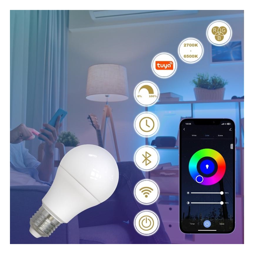 Dimmbare LED-RGBW-Glühlampe A60 E27/9W/230V 2700-6500K Wi-Fi Tuya