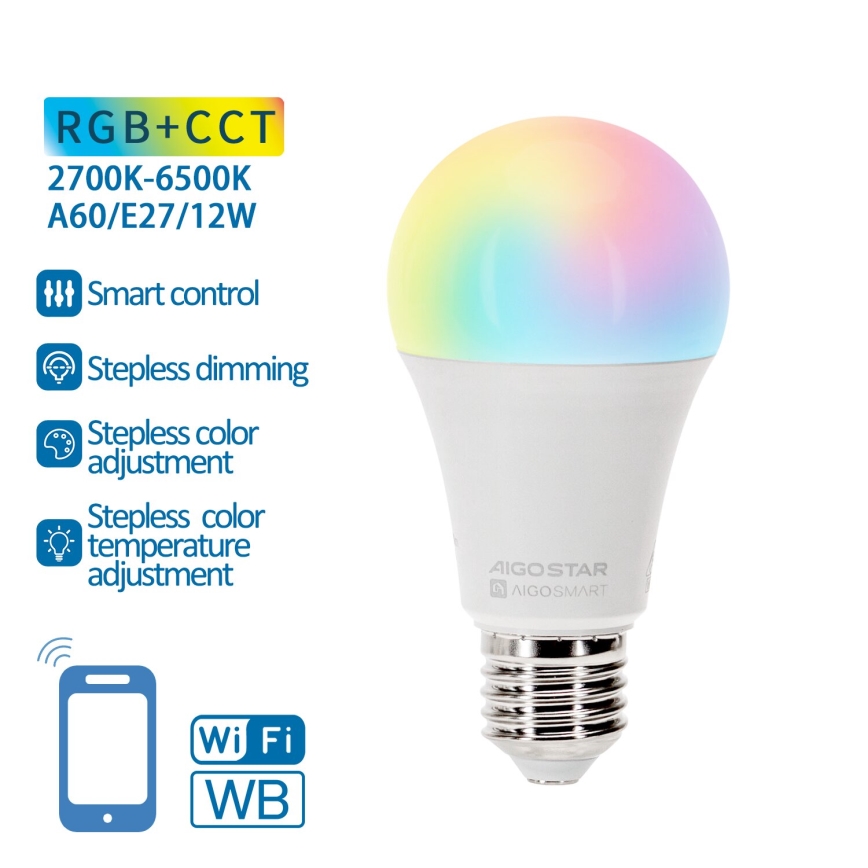 Dimmbare LED-RGBW-Lampe A60 E27/12W/230V 2700-6500K Wi-Fi - Aigostar