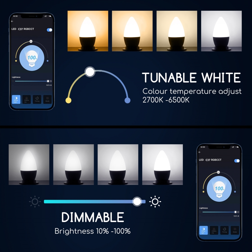 Dimmbare LED-RGBW-Lampe C37 E27/5W/230V 3000-6500K Wi-Fi - Aigostar