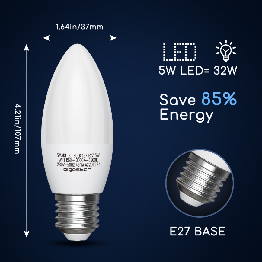 Dimmbare LED-RGBW-Lampe C37 E27/5W/230V 3000-6500K Wi-Fi - Aigostar