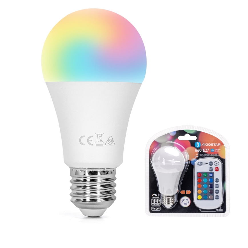 Dimmbare LED-RGBW-Lampe E27/8W/230V 3000K + Fernbedienung - Aigostar