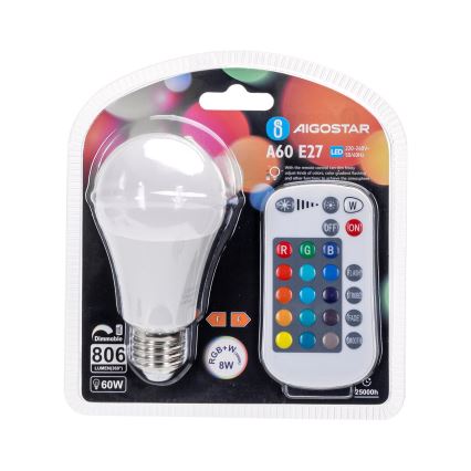 Dimmbare LED-RGBW-Lampe E27/8W/230V 3000K + Fernbedienung - Aigostar
