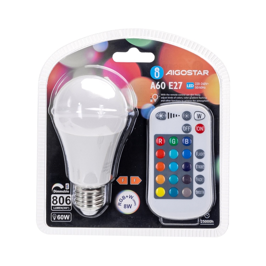 Dimmbare LED-RGBW-Lampe E27/8W/230V 3000K + Fernbedienung - Aigostar