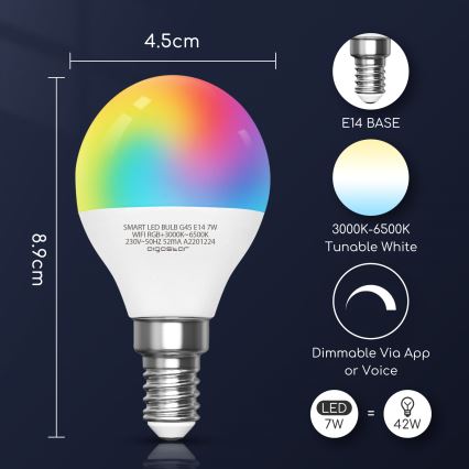 Dimmbare LED-RGBW-Lampe G45 E14/7W/230V 3000-6500K Wi-Fi - Aigostar