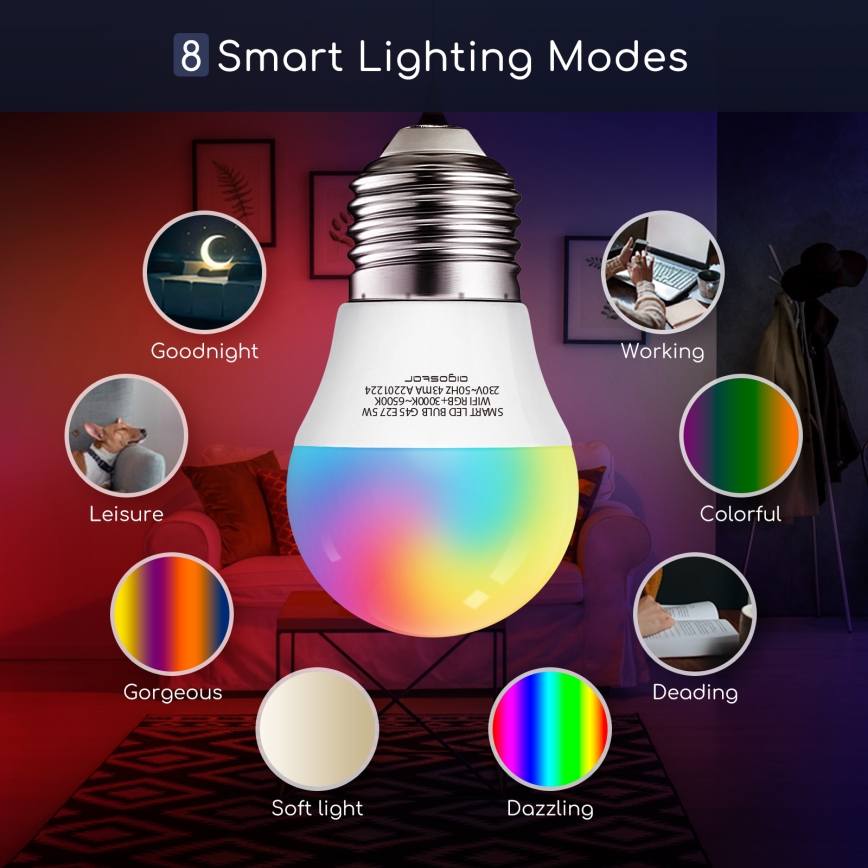 Dimmbare LED-RGBW-Lampe G45 E27/5W/230V 3000-6500K Wi-Fi - Aigostar