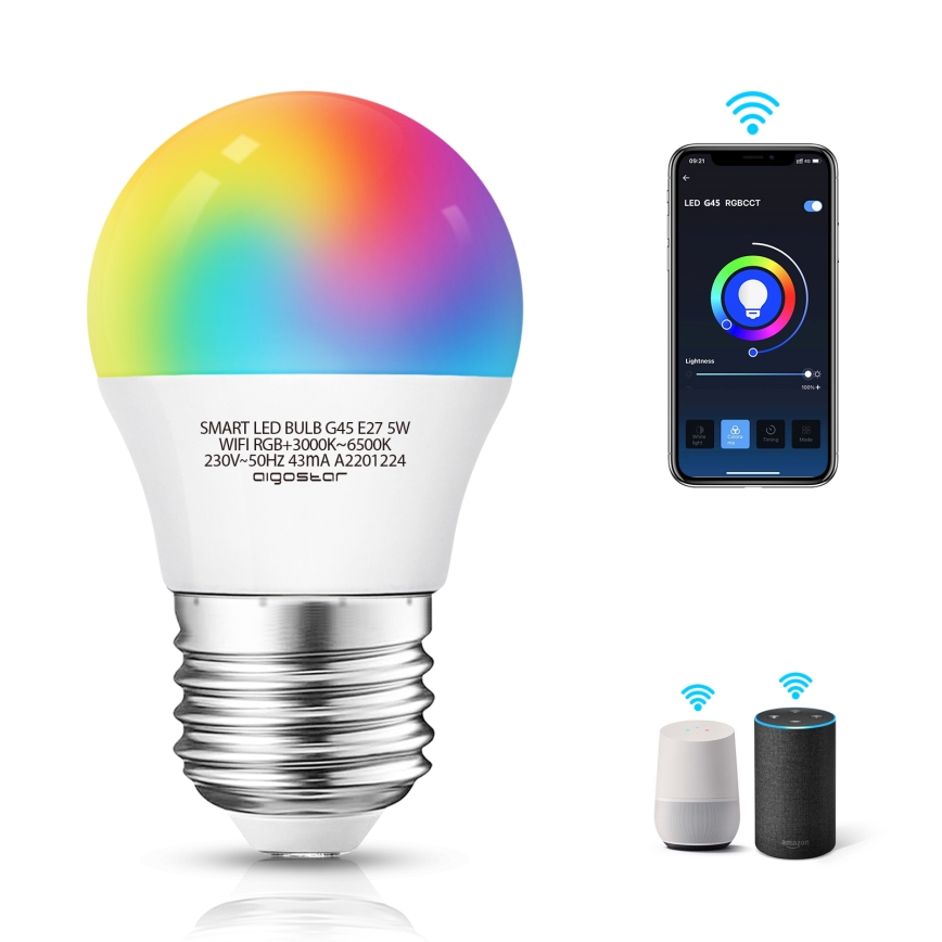 Dimmbare LED-RGBW-Lampe G45 E27/5W/230V 3000-6500K Wi-Fi - Aigostar