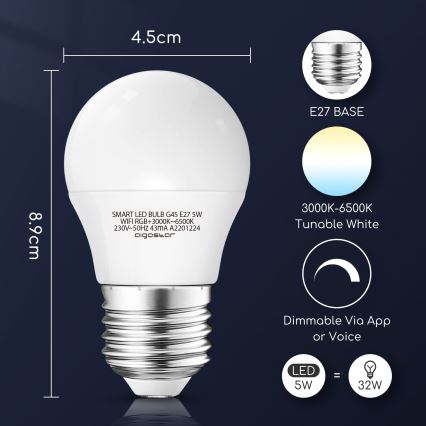 Dimmbare LED-RGBW-Lampe G45 E27/5W/230V 3000-6500K Wi-Fi - Aigostar