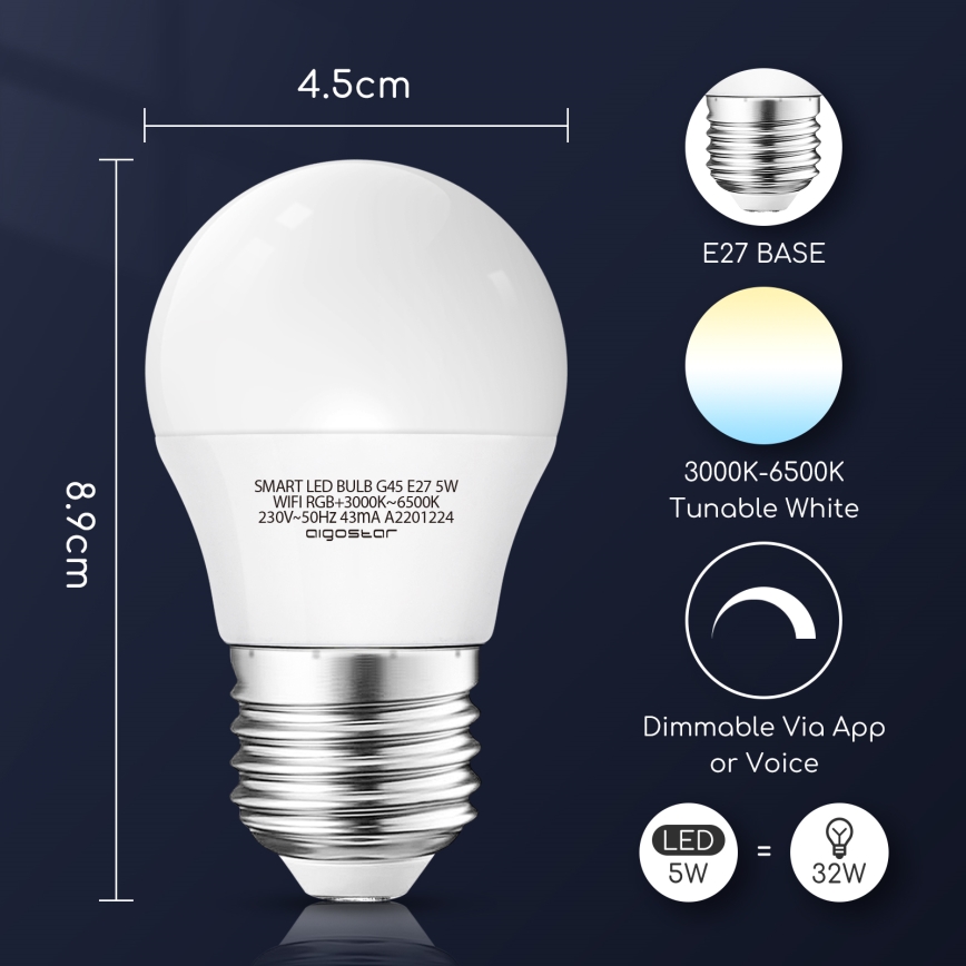 Dimmbare LED-RGBW-Lampe G45 E27/5W/230V 3000-6500K Wi-Fi - Aigostar