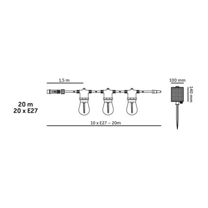 LED dimmbare solarbetriebene dekorative Lichterkette STARLIGHT NEO 20xE27/3,7V 2700K IP54 2400 mAh 21,5m + Fernbedienung