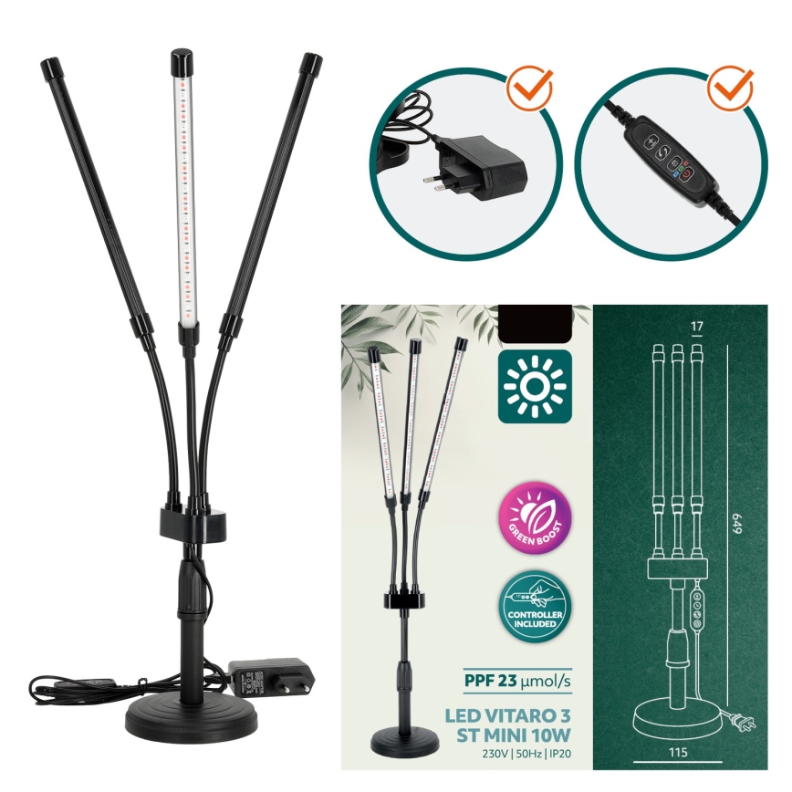 Dimmbare flexible LED-Tischleuchte mit Klemme für die Pflanzenzucht VITARO 3xLED/10W/230V schwarz
