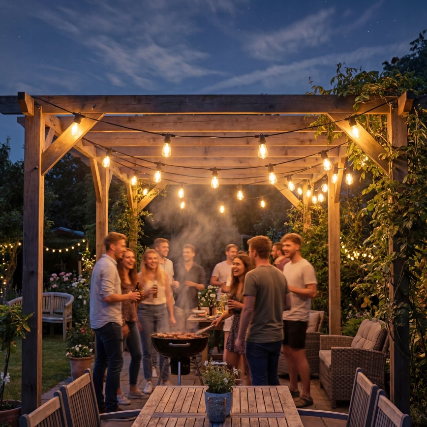 Dimmbare, solarbetriebene LED-Dekorations-Lichterkette 10xE27/0,3W/3/5V USB 2400 mAh 10,62 m IP65 schwarz + Fernbedienung