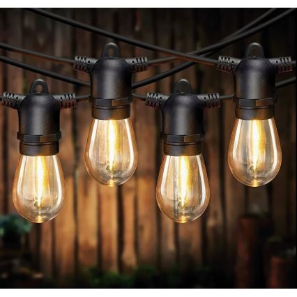 Dimmbare, solarbetriebene LED-Dekorations-Lichterkette 10xE27/0,3W/3/5V USB 2400 mAh 10,62 m IP65 schwarz + Fernbedienung