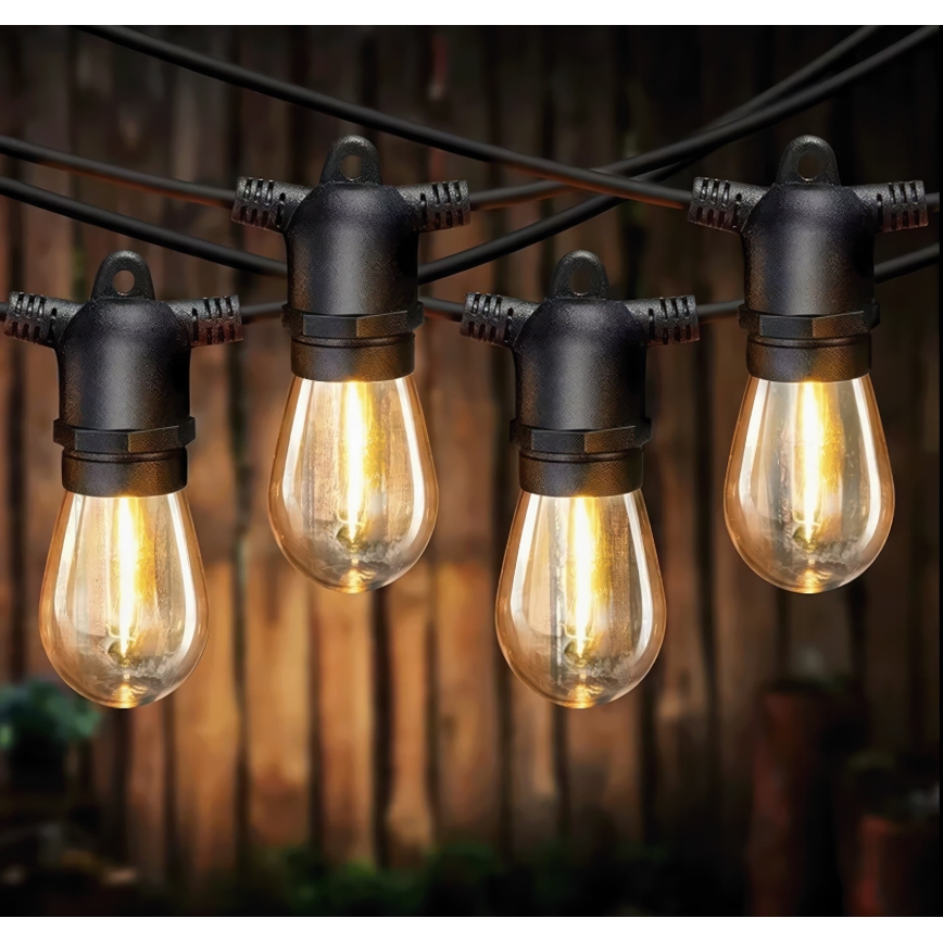 Dimmbare, solarbetriebene LED-Dekorations-Lichterkette 10xE27/0,3W/3/5V USB 2400 mAh 10,62 m IP65 schwarz + Fernbedienung