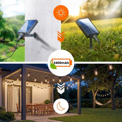 Dimmbare, solarbetriebene LED-Dekorations-Lichterkette 10xE27/0,3W/3/5V USB 2400 mAh 10,62 m IP65 schwarz + Fernbedienung