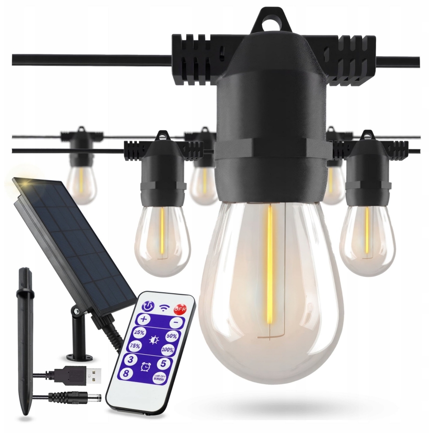 Dimmbare, solarbetriebene LED-Dekorations-Lichterkette 10xE27/0,3W/3/5V USB 2400 mAh 10,62 m IP65 schwarz + Fernbedienung