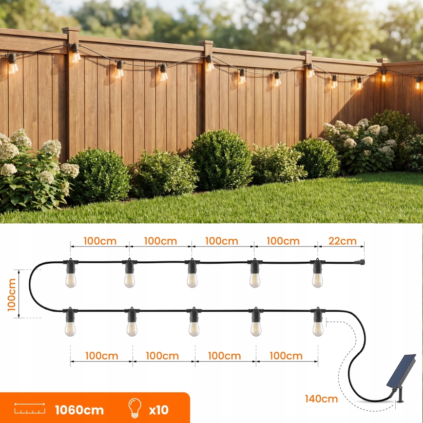 Dimmbare, solarbetriebene LED-Dekorations-Lichterkette 10xE27/0,3W/3/5V USB 2400 mAh 10,62 m IP65 schwarz + Fernbedienung