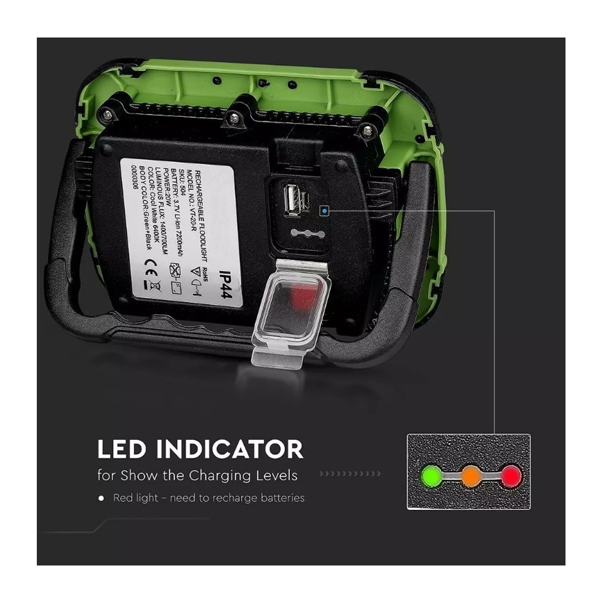 Dimmbarer, aufladbarer LED-Strahler SAMSUNG CHIP + Funktion SOS LED/20W/3,7V/USB IP44 4000K 7200 mAh grün