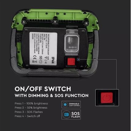 Dimmbarer, aufladbarer LED-Strahler SAMSUNG CHIP + Funktion SOS LED/20W/3,7V/USB IP44 4000K 7200 mAh grün