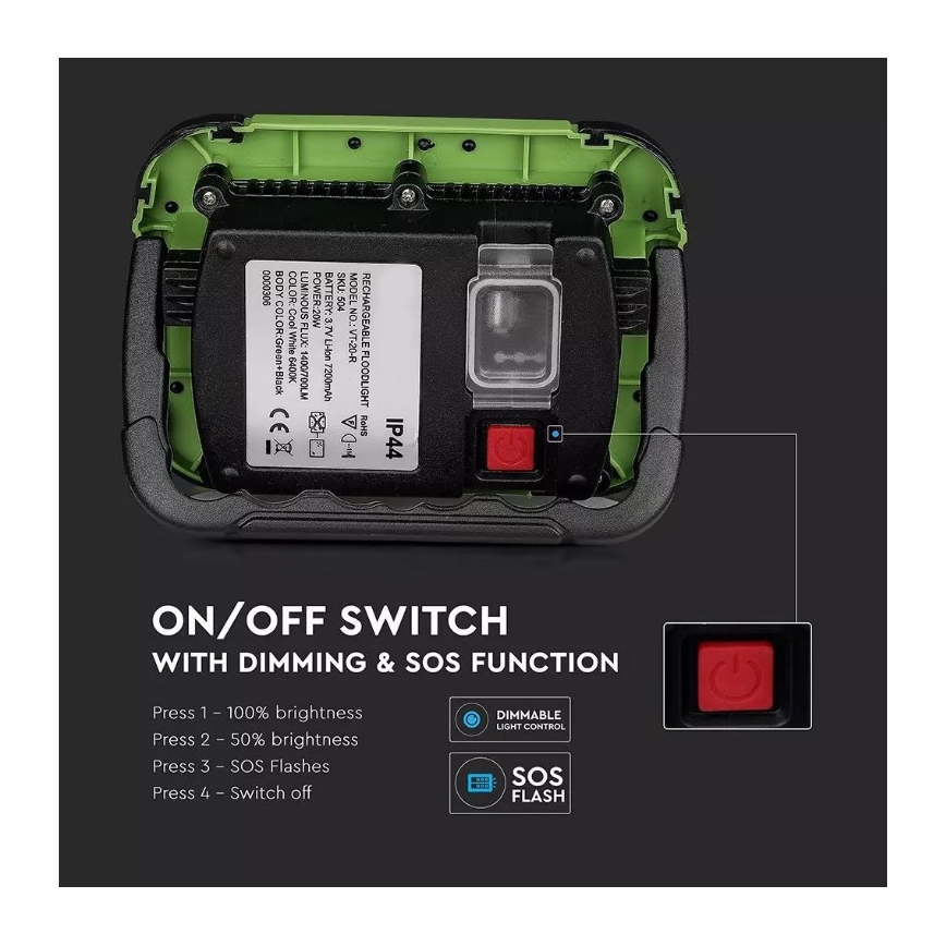 Dimmbarer, aufladbarer LED-Strahler SAMSUNG CHIP + Funktion SOS LED/20W/3,7V/USB IP44 4000K 7200 mAh grün