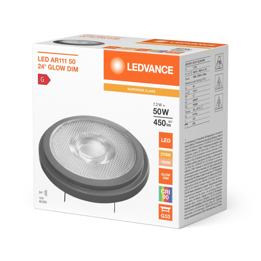 Dimmbares LED-Leuchtmittel AR111 G53/7,2W/12V 1800-2700K 24° CRI 90 - Ledvance