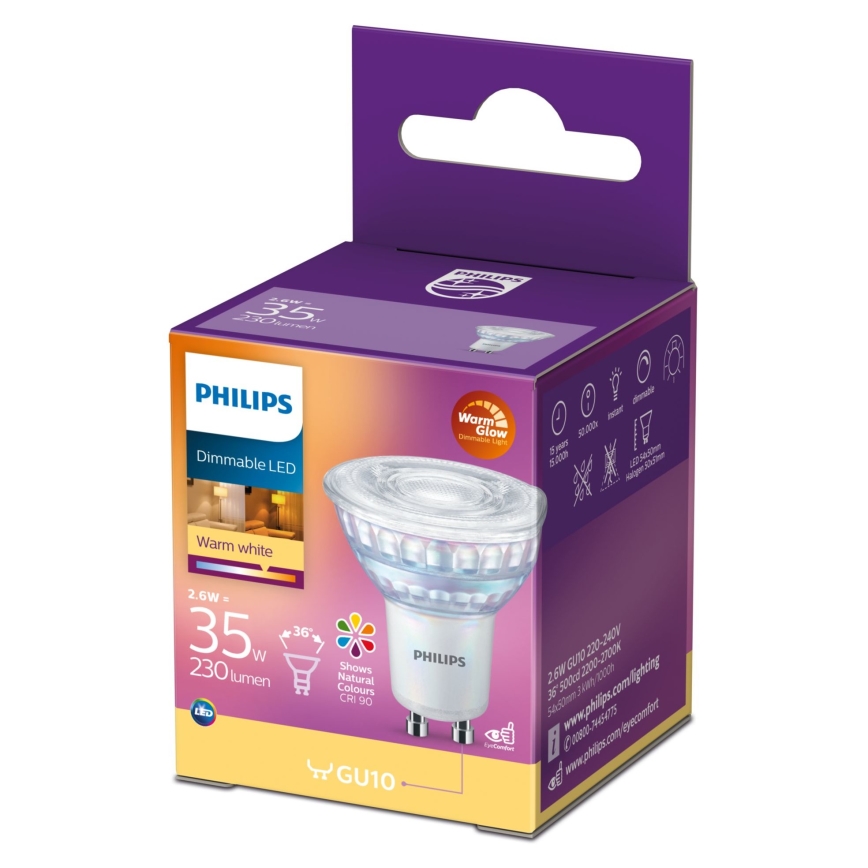 Dimmbares LED-Leuchtmittel Philips Warm Glow GU10/2,6W/230V 2200-2700K CRI 90
