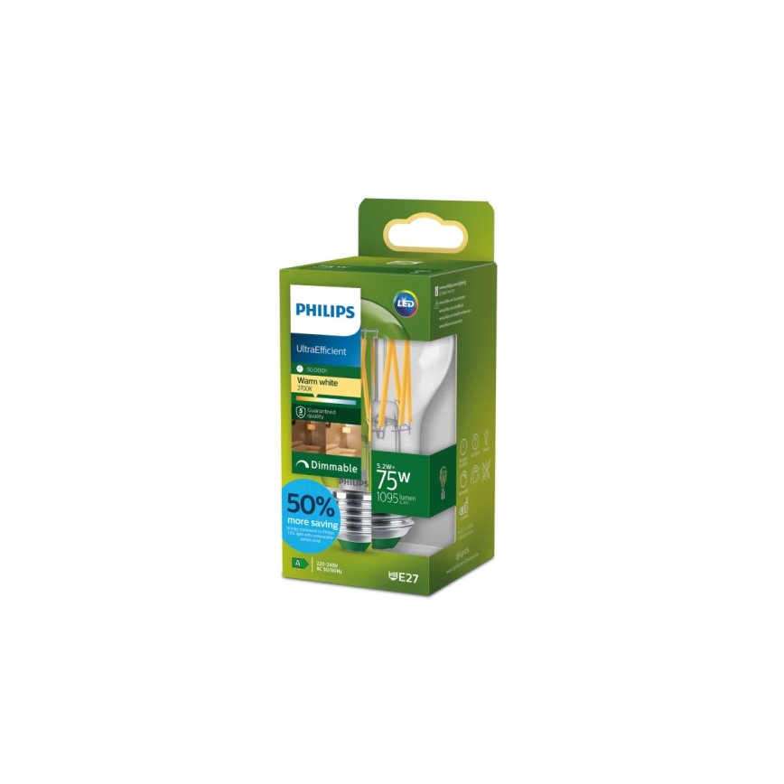 Dimmbares LED-Leuchtmittel ULTRAEFFIZIENT VINTAGE Philips A60 E27/5,2W/230V 2700K