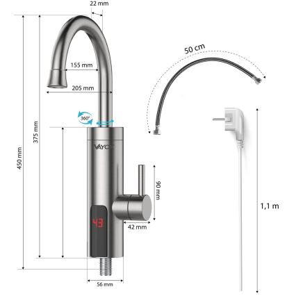 Durchlauferhitzer mit LED-Anzeige 3000W/230V IPX4 Edelstahl