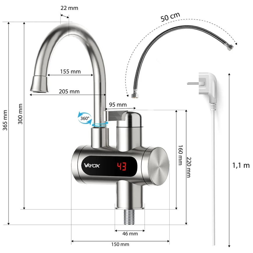 Durchlauferhitzer mit LED-Anzeige 3000W/230V IPX4 Edelstahl