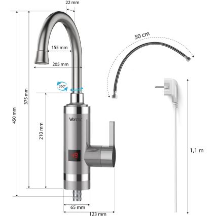 Durchlauferhitzer mit LED Anzeige 3000W/230V IPX4 Edelstahl