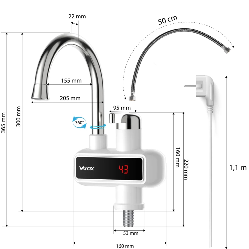 Durchlauferhitzer mit LED-Anzeige 3000W/230V IPX4 weiß