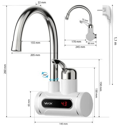 Durchlauferhitzer mit LED-Anzeige 3000W/230V IPX4 weiß